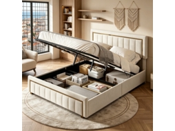 Cama 140x200 com Base, Arrumação para 2 Pessoas, Hidráulica, Cabeceira em Veludo, Estrutura Estofada, Sem Colchão SIMURQ