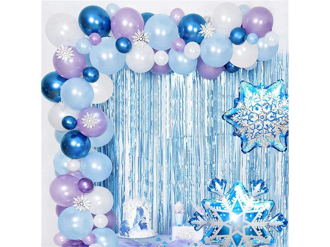 Decoração de festa de aniversário com flocos de neve azuis e BRILVIBERA branca