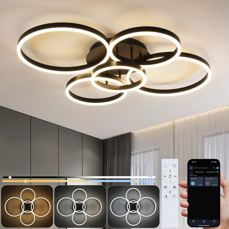 Nettlife Candeeiro De Teto Led Para Sala De Estar, Regulável, 78 W, 3000-6500k, 5 Anéis, Acrílico Moderno Dourado Com Controlo Remoto