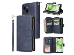 Capa Para Iphone 15 Plus Pele Sintética Com Porta-cartões Azul