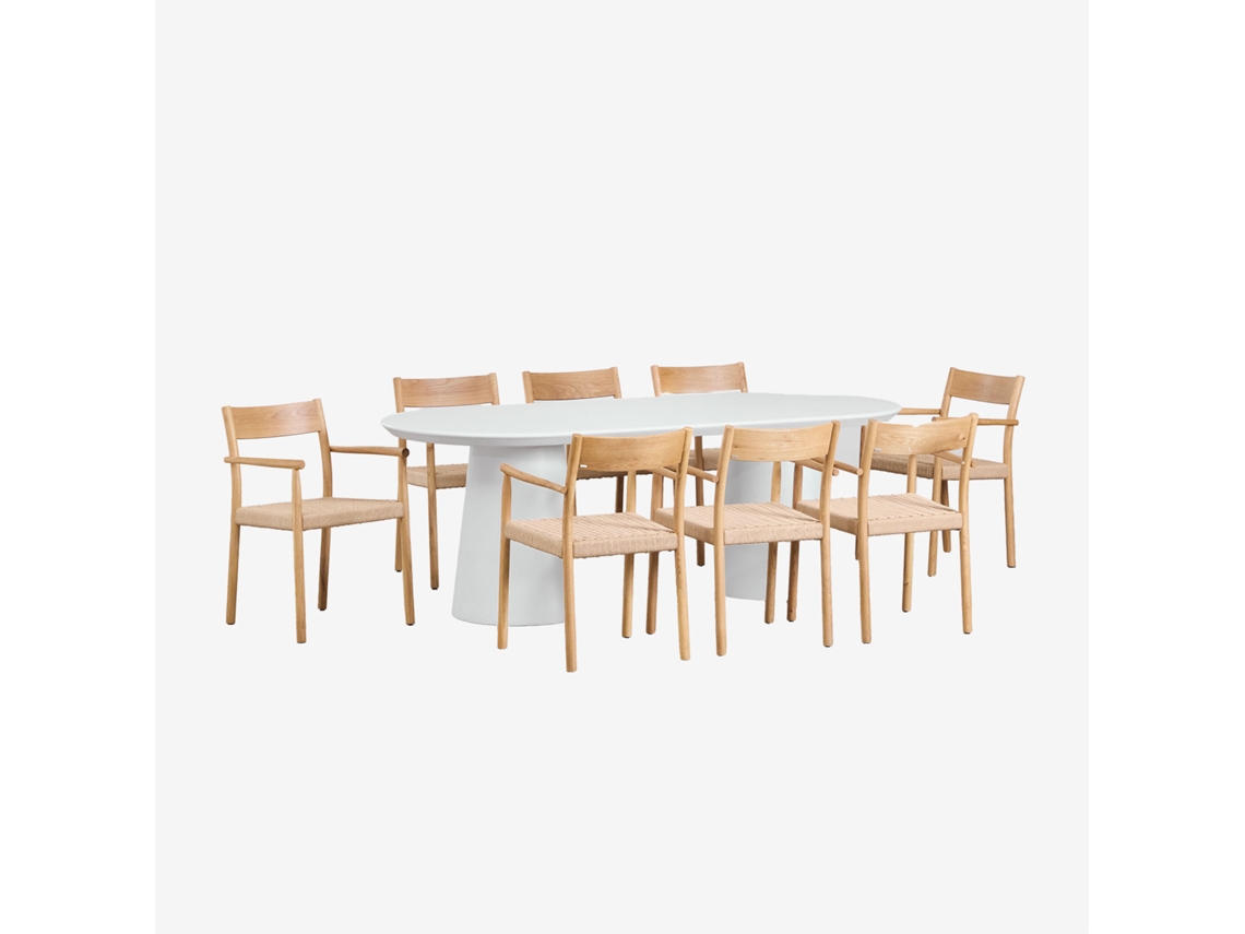 Sklum Conjunto De Mesa Ovalada 220x95 Cm Em Cimento Noemi E 8 Cadeiras De Jantar Em Madeira De Carvalho E Corda Trançada Mara Cimento