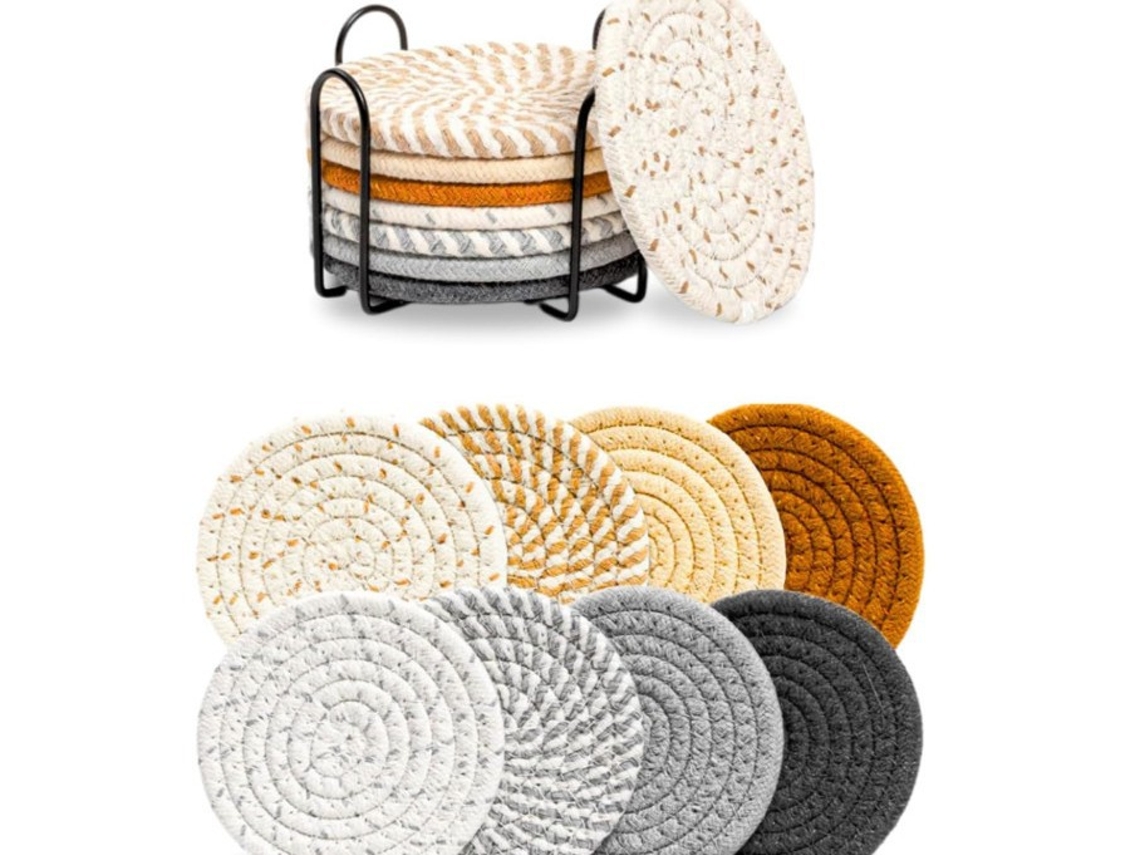 Conjunto 8 Pcs Sousplats Com Suporte Algodão Absorventes Multicolor 11 Cm Dureforward