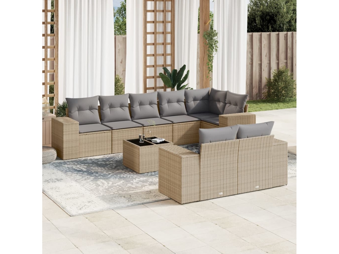 Vidaxl 9 Pcs Conjunto De Sofás P/ Jardim Com Almofadões Vime Pe Bege