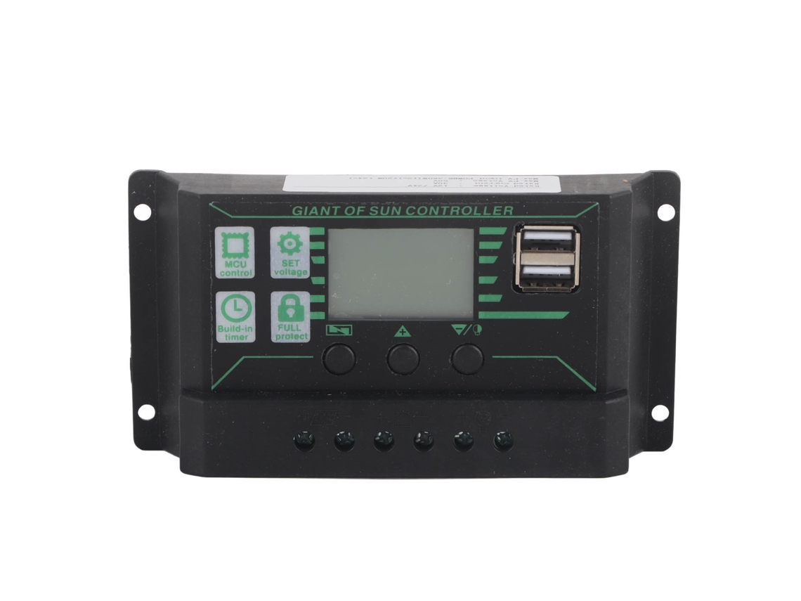 Controlador de carga solar PWM YURU 30A 12/24V com display LCD e saída dupla USB
