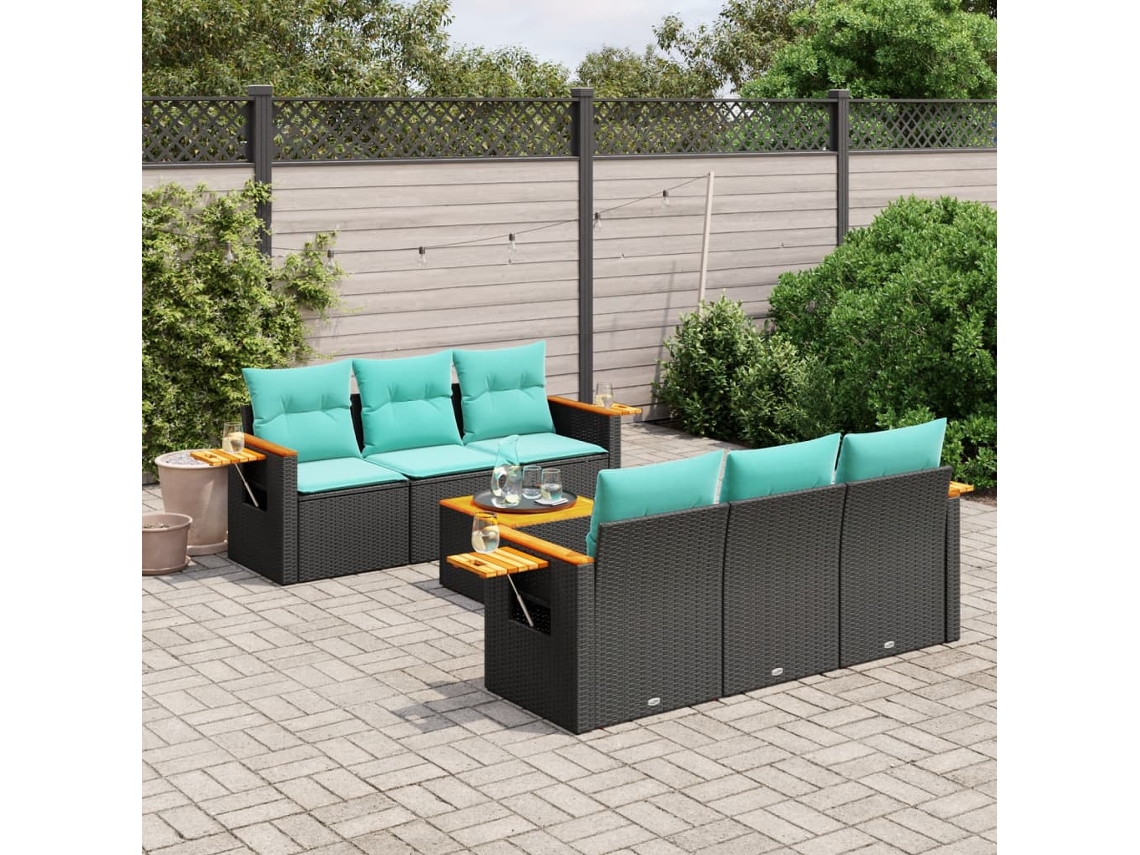 Vidaxl 7 Pcs Conjunto De Sofás P/ Jardim C/ Almofadões Vime Pe Preto