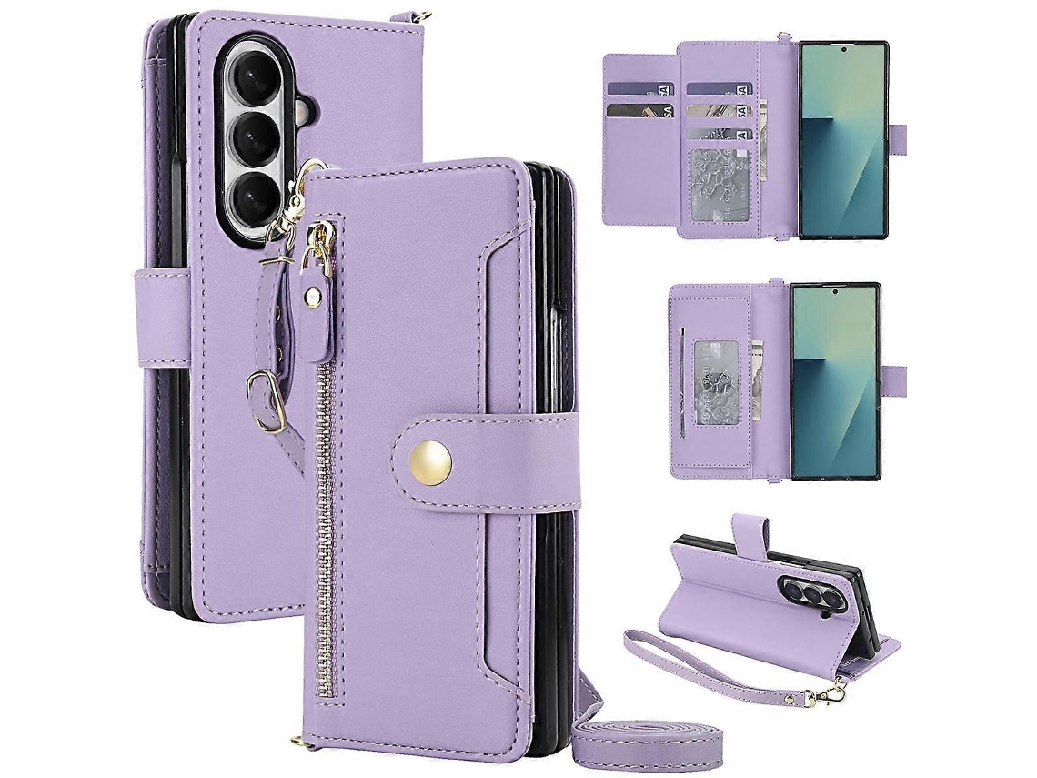 Capa De Celular Em Couro Com Zíper E Sete Compartimentos Para Cartões, Compatível Com Samsung Galaxy Z Fold7 5g E Com Cordão.