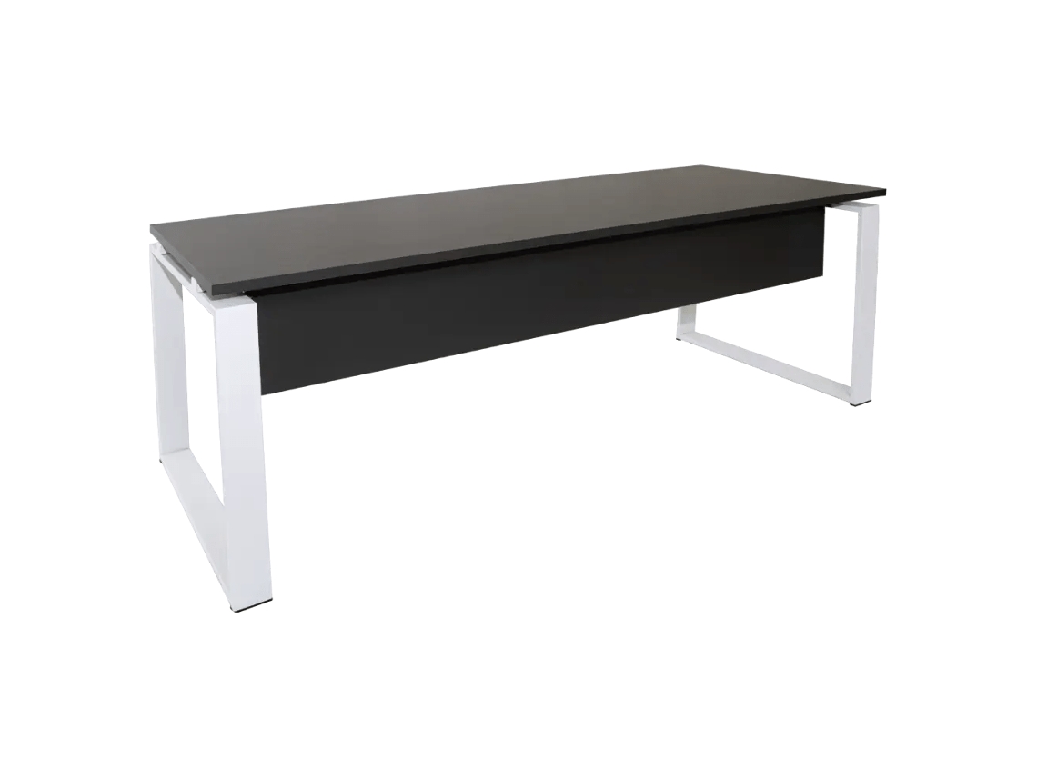 Mesa-Mesa com Saia. Estrutura metálica fechada branca. 180x60cm. Cinza. OFILIKE