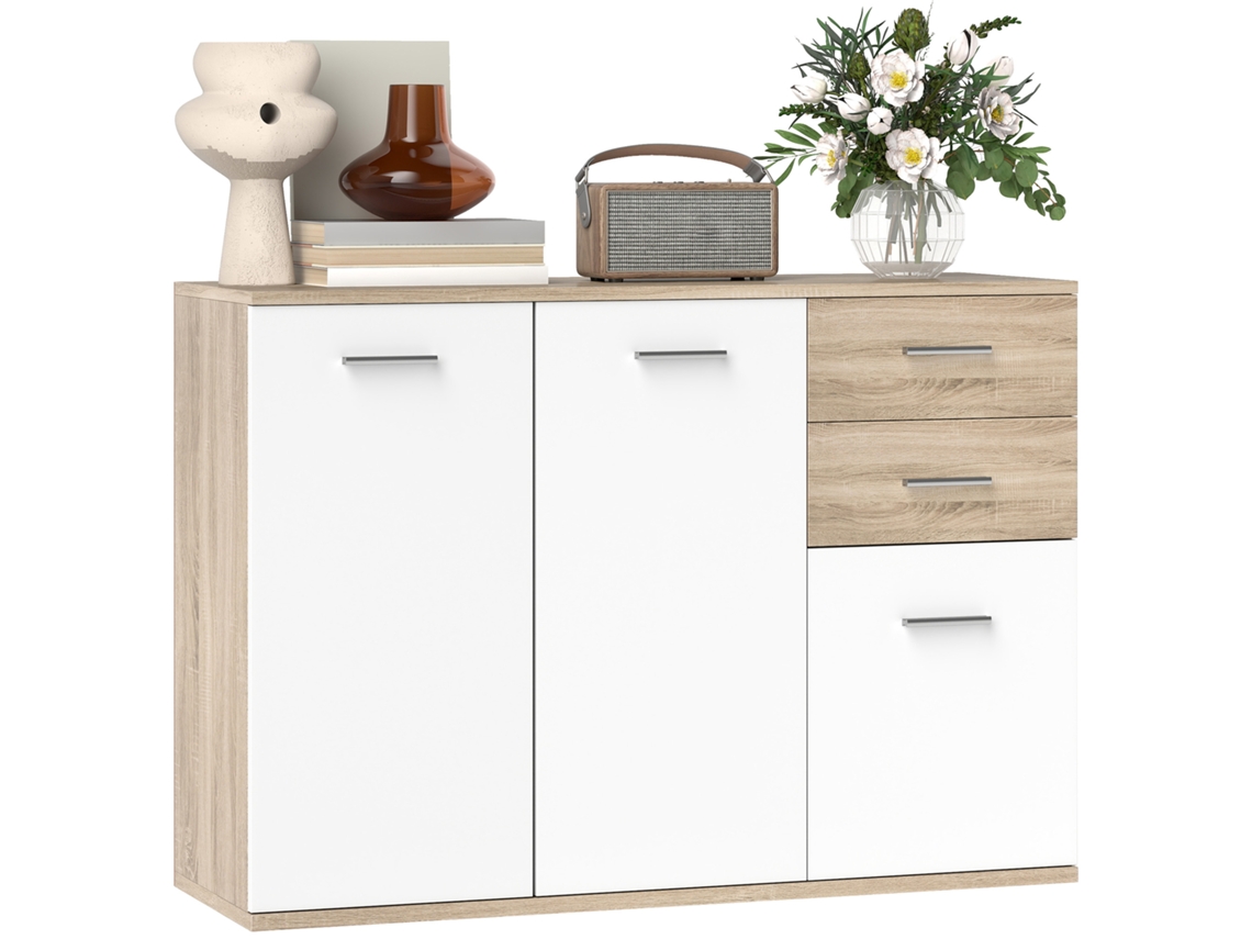 Aparador para sala de estar com 2 gavetas, 3 portas e prateleira ajustável, 106x35x76 Cm, branco e madeira natural
