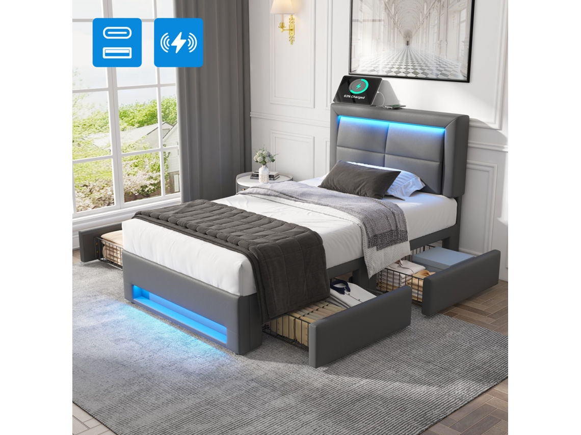 Cama Solteiro Cinza 90x190cm Estofada, Pu Lichia, Usb, Led, 4 Gavetas. Cs