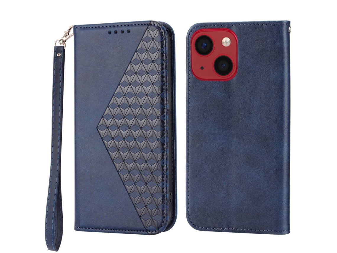 Capa Textura Gémeo Para Iphone 14 Pele Sintética Anti-riscos Magnética Azul