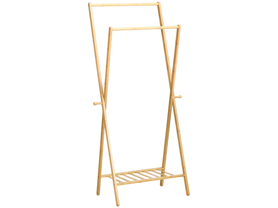 Suporte Para Cabides De Bambu Porta Com Prateleira Para Sapatos 2 Barras E 2 Ganchos Para Corredor Entrada Dormitório 74x42x150 Cm Madeira