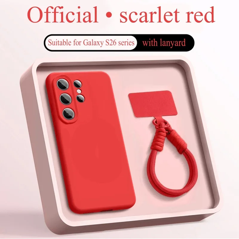 Capa De Celular Samsung S23 Plus Vermelha Com Cordão Em Silicone Líquido E Alça De Pulso.