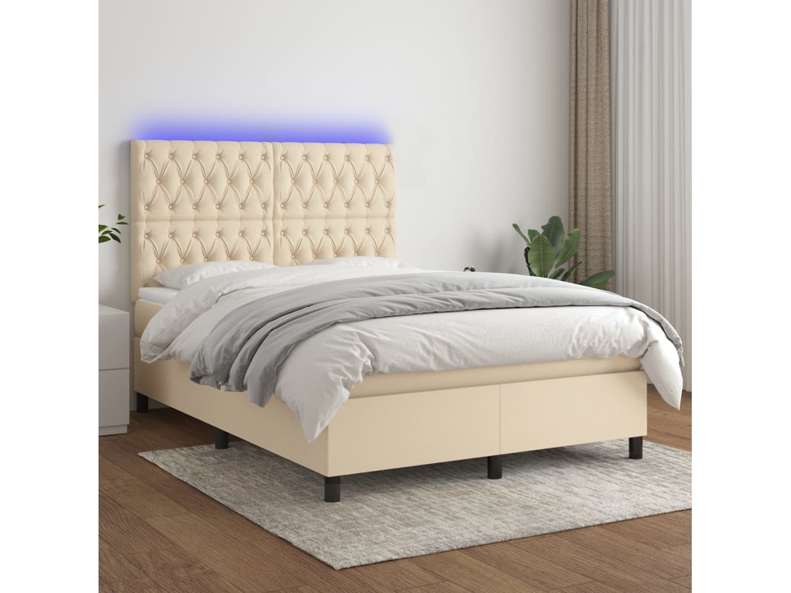 Vidaxl Cama Box Spring C/ Colchão e Led 140x200 Cm Tecido Cor Creme