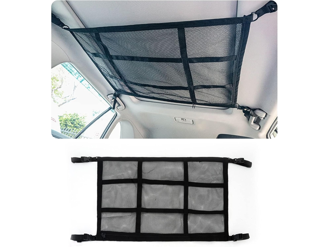 Rede organizadora para teto de carro, com espaço para os quatro apoios de braço em SUVs, vans e porta-malas. Acessórios internos.