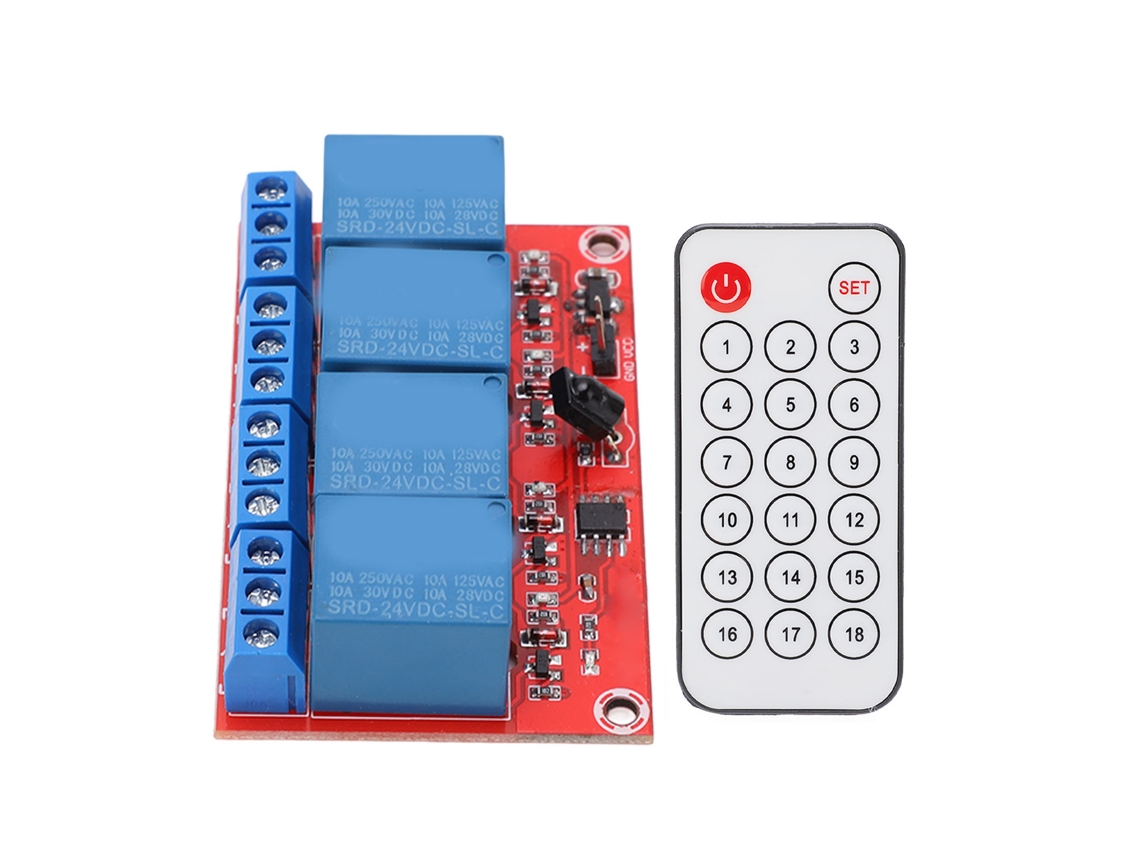 Módulo de Relé de 4 Canais com Receptor Infravermelho e Transceptor 24V S/MARCA