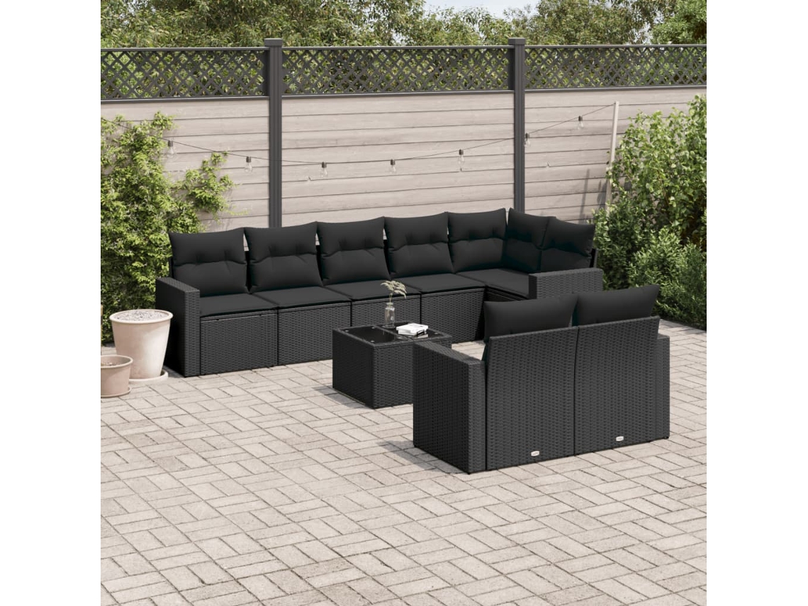 9 Pcs Conjunto De Sofás P/ Jardim C/ Almofadões Vime Pe Preto Dkd Home Decor