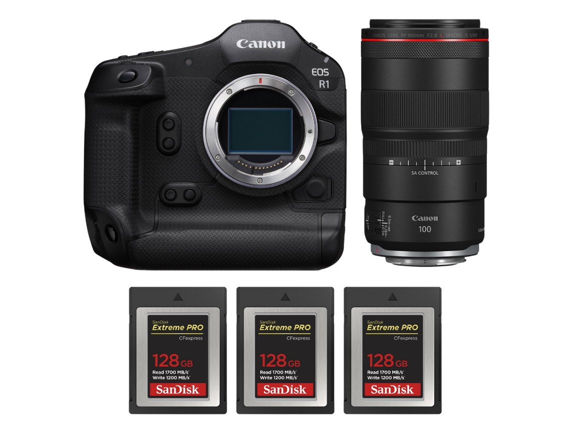 Eos R1 + Rf 100mm F/2.8 L Macro Is Usm + 3 Sandisk 128gb Extreme Pro Cfexpress Type B + Ebook “20 Dicas para Fotos Que Impressionam” CANON