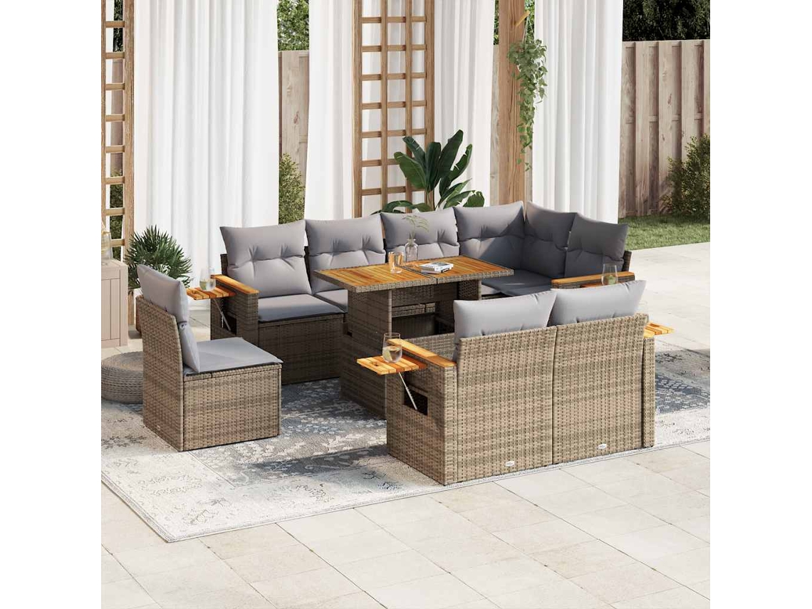 Vidaxl 9 Pcs Conjunto Sofás Jardim Com Almofadões Vime Pe/acácia Bege