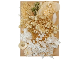 Flores e Folhas Secas Prensadas, Misturadas com uma Variedade de Flores Artificiais Decorativas Naturais, em Tons Bege. AQUAFORGE