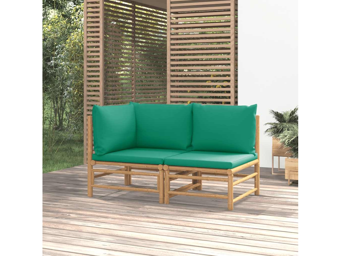 Vidaxl 2 Pcs Conjunto Lounge De Jardim Bambu C/ Almofadões Verdes