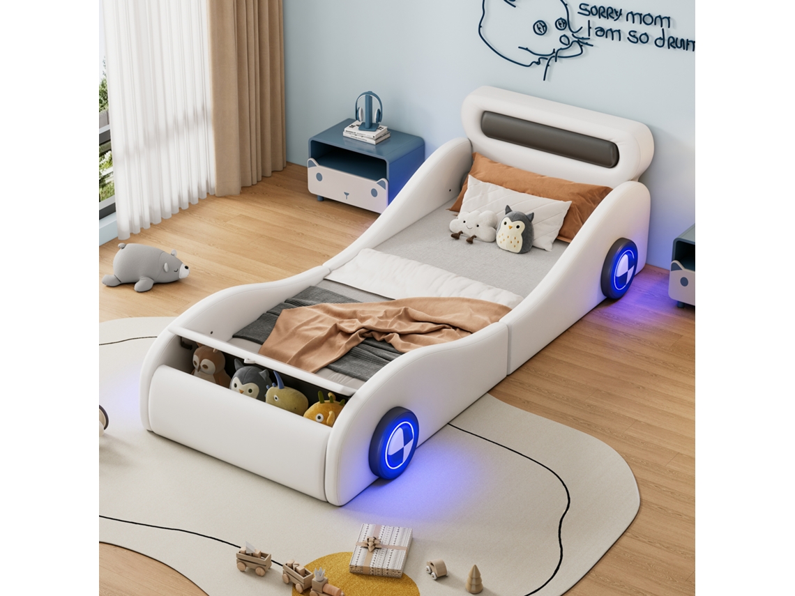 Cama Carro Polster 90x200cm Rodas Iluminadas Armazenamento Branco