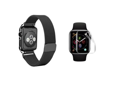 Kit Pulseira Bracelete Milanese Loop Fecho Magnético Película de Gel Full Cover Apple Watch Series 4 44Mm ATYULNM Preto