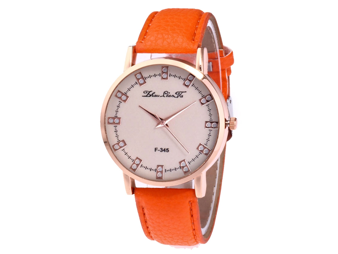 Relógio de Pulso Analógico de Quartzo com Pulseira de Couro Moda Unissex Dial Redondo Laranja