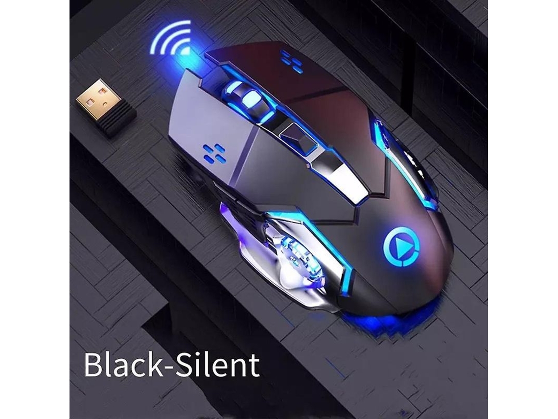 Yuru rato Gamer Mecânico Sem Fio Recarregável com Iluminação Azul Ergonomico Silencioso Presente Preto