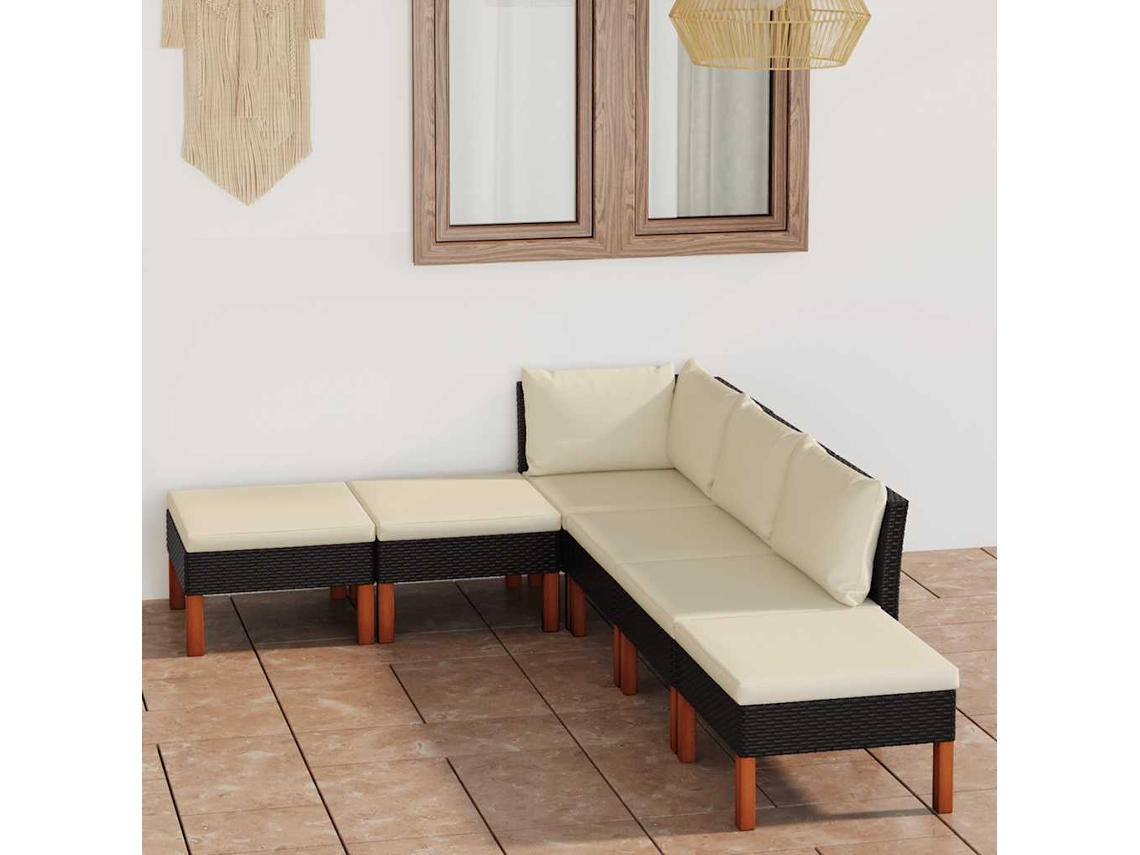 Vidaxl 6 Pcs Conjunto Lounge De Jardim C/ Almofadões Vime Pe Preto