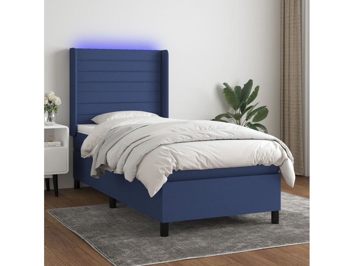Cama Box Spring C/ Colchão E Led 90x190 Cm Tecido Azul