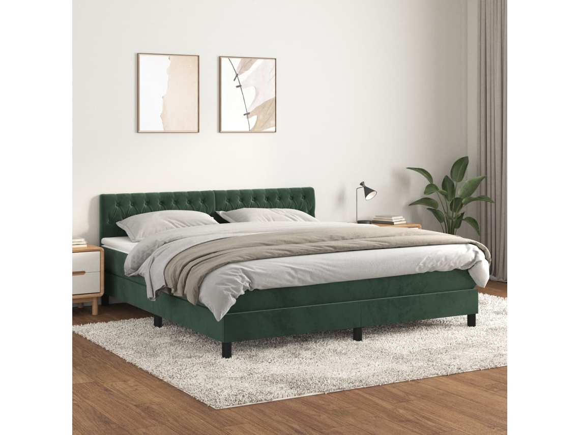 Cama Com Molas/colchão 180x200 Cm Veludo Verde-escuro