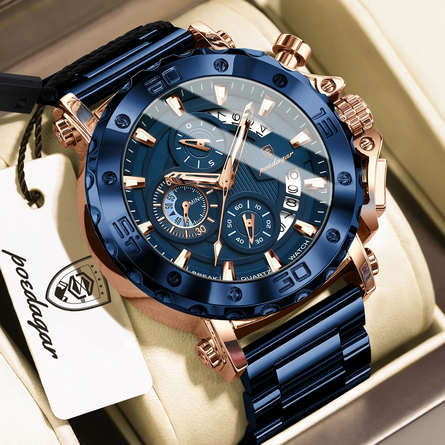 Relógio Masculino Elegante, Luminoso E À Prova D'água, Em Aço Inoxidável (dourado Rosa E Azul), Com Cronógrafo De Data E Movimento De Quartzo.