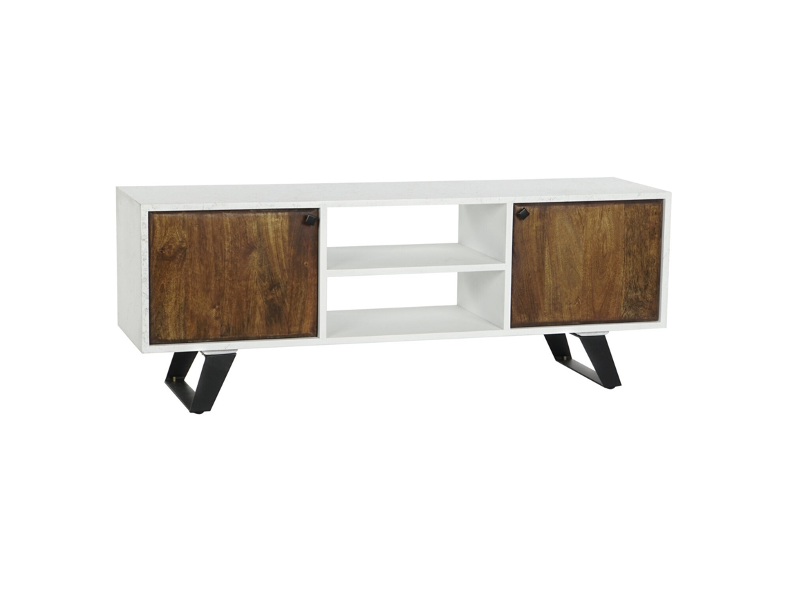 Suporte para Tv em Metal Branco com Acabamento em Madeira de Mangueira, Dimensões 135x35x51cm ALEXANDRA HOUSE LIVING