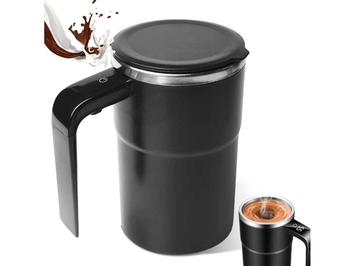 Copo Misturador Automático 380ml em Aço Inox 304, Pega e Visor de Temperatura, Magnético para Café e Pós.