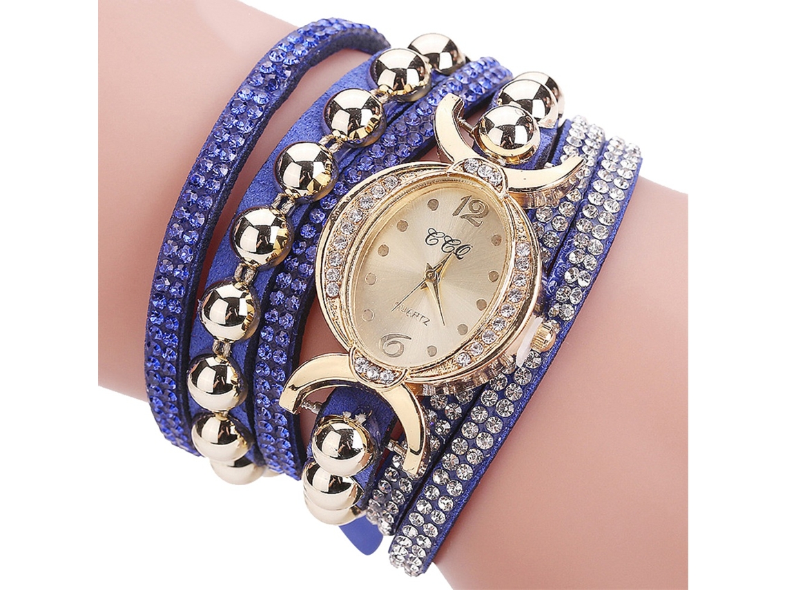 Relógio Analógico Feminino de Pulseira Quartzo com Strass Pulseira Pu Azul