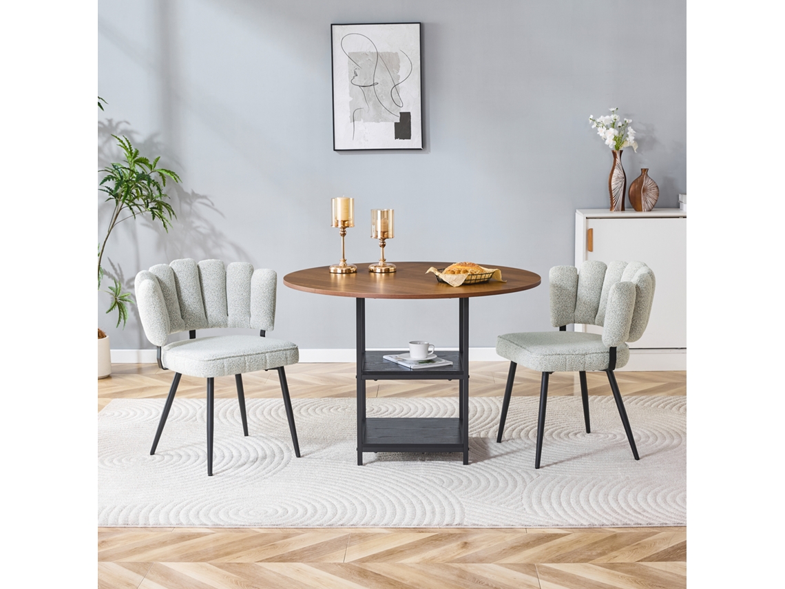 Conjunto Mesa Nogueira 107cm 2 Níveis 2 Cadeiras Bouclé Creme Cinza Flor