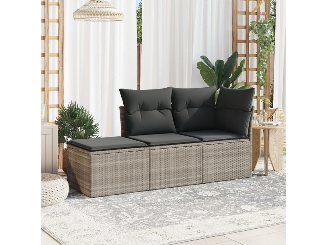 Vidaxl 3 Pcs Conj. Sofás Jardim C/ Almofadões Vime Pe Cinzento-claro