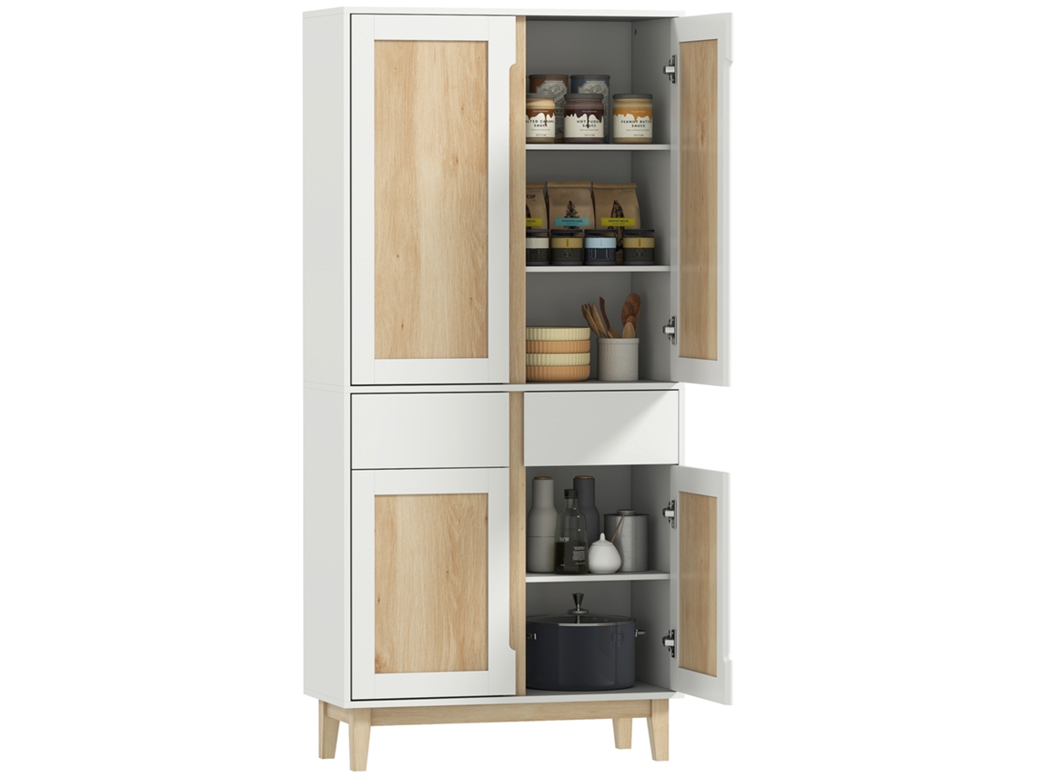 Aparador Alto de Cozinha com 4 Portas, 2 Gavetas e Prateleiras Ajustáveis, 80x35x170cm, Branco e Carvalho
