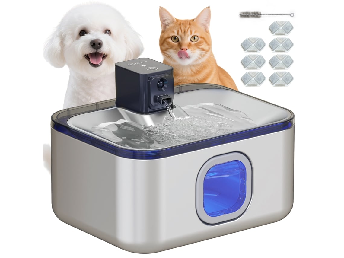 Fonte de Água Automática para Gatos em Aço Inoxidável de 5 Litros com Luz Led, Bomba e Filtro Super Silenciosos, Cor Prata. VELTUS TRADE