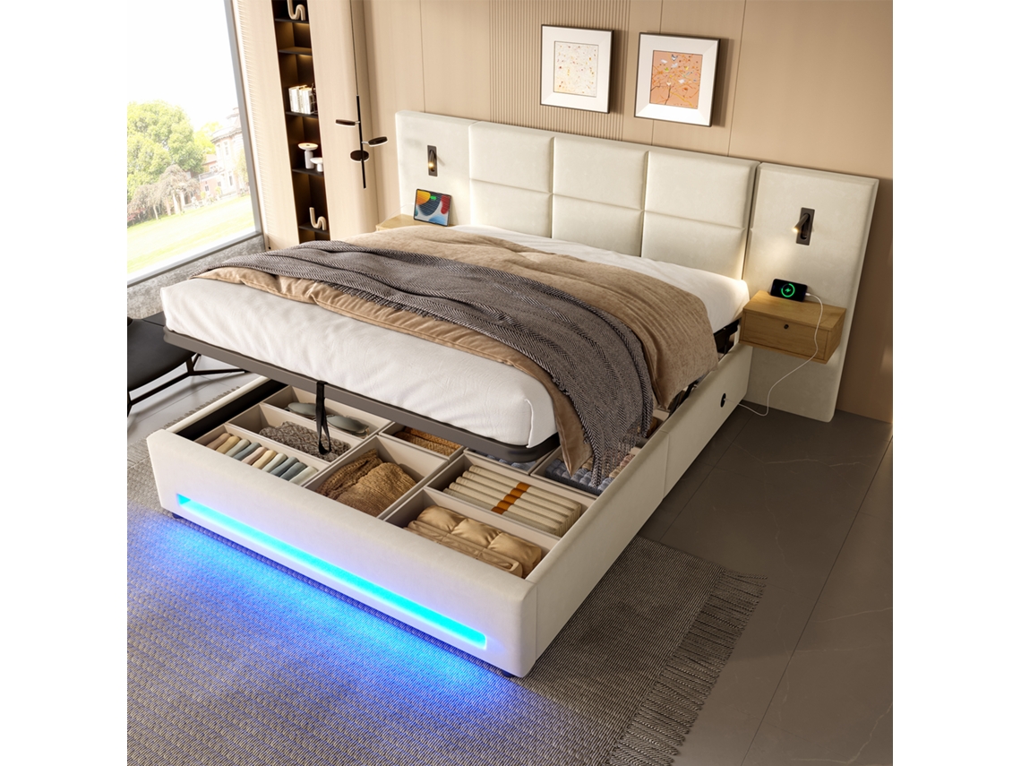 Cama Estofada Europeia com Cabeceira em Veludo Bege, Luz Led e Arrumação Hidráulica MOBRIO (180x200 cm)