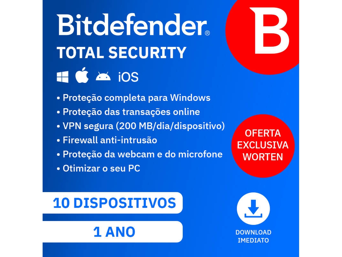 Software BITDEFENDER Total Security (10 Dispositivos - 1 ano - PC, Mac, Smartphone e Tablet - Formato Digital)