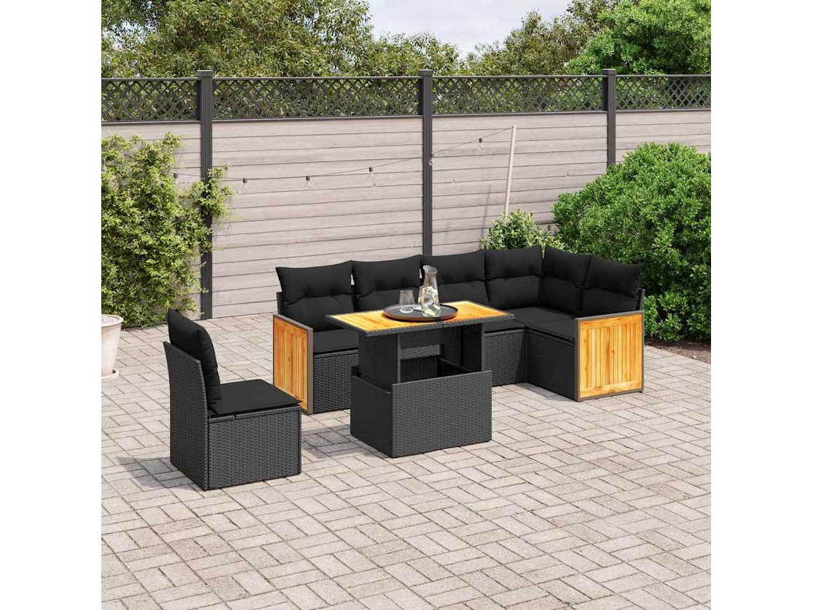 Vidaxl 7 Pcs Conjunto De Sofás P/ Jardim C/ Almofadões Vime Pe Preto