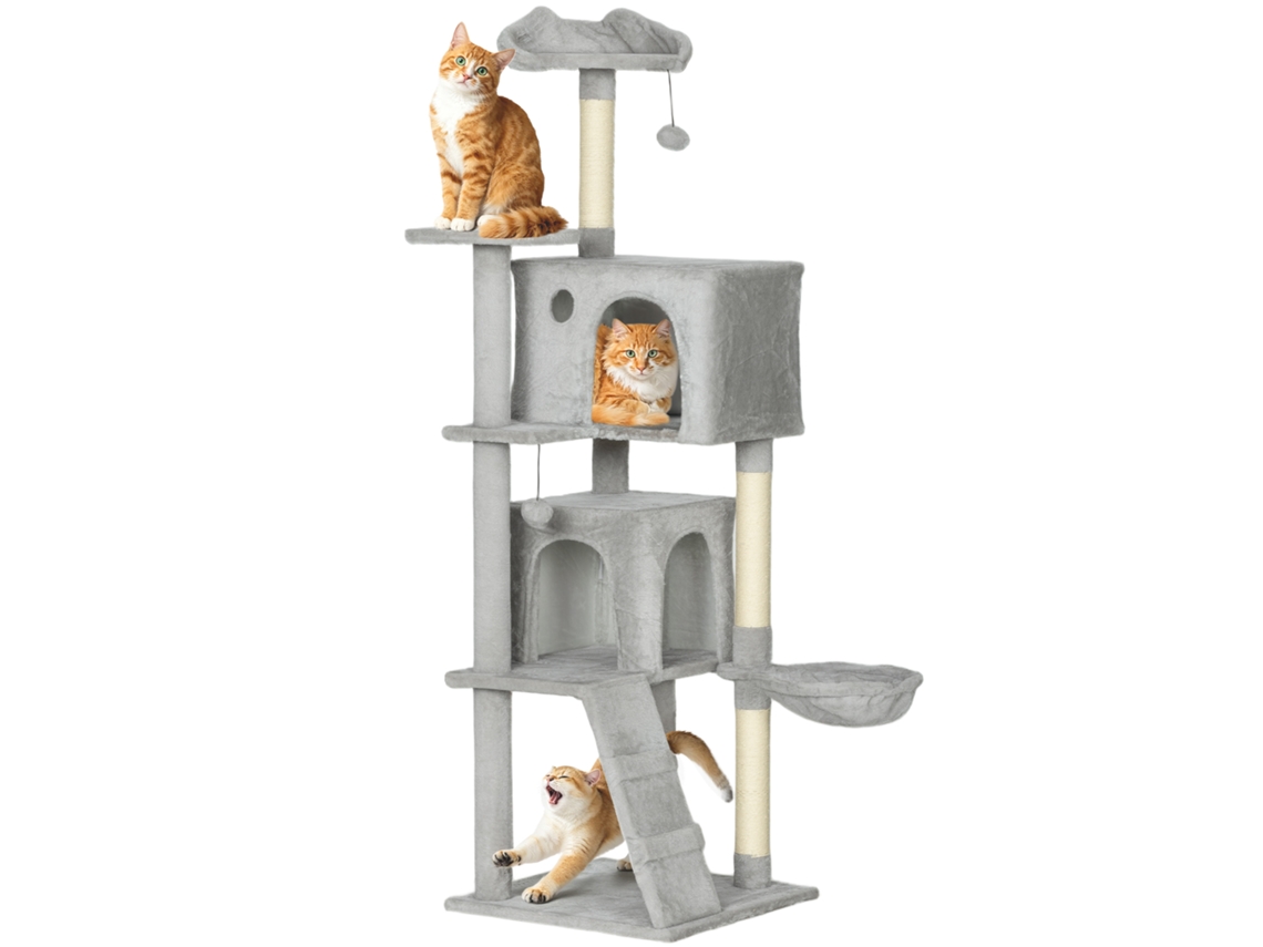 Árvore para Gatos com 2 Casinhas, Rede, Cama e Postes de Sisal, 48x48x160 Cm, Cinza ESSÊNCIACASA