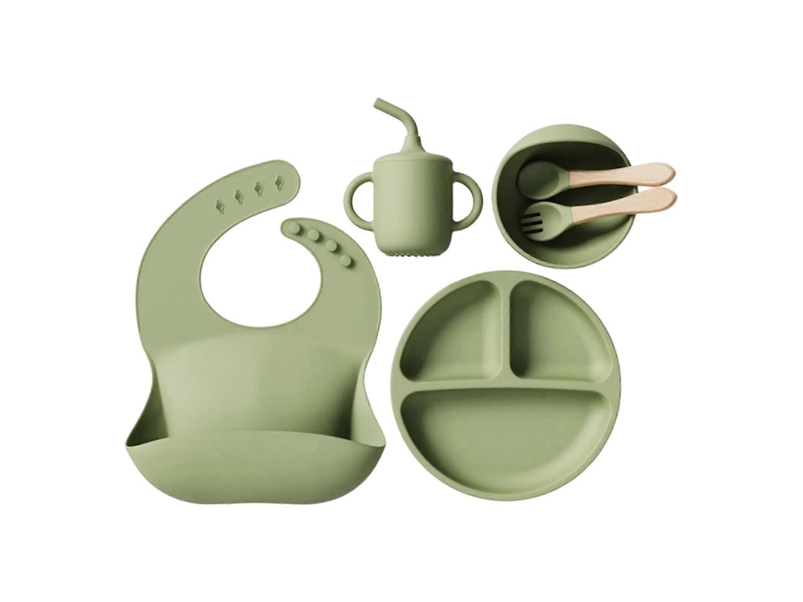 Kit de alimentação para bebês com 6 peças, incluindo cesta de alimentação com ventosa, suporte de silicone para mamadeira, escova, gancho e utensílios para desmame.