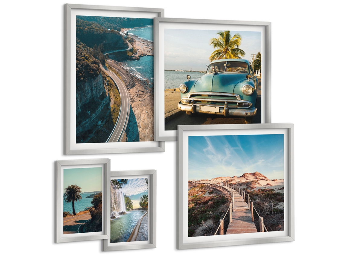 Pinturas Murais Modernas Folhas Azul-bege Claro Moldura Prateada Fotos Para O Escritório Espelharte (conjunto De 5 Imagens)