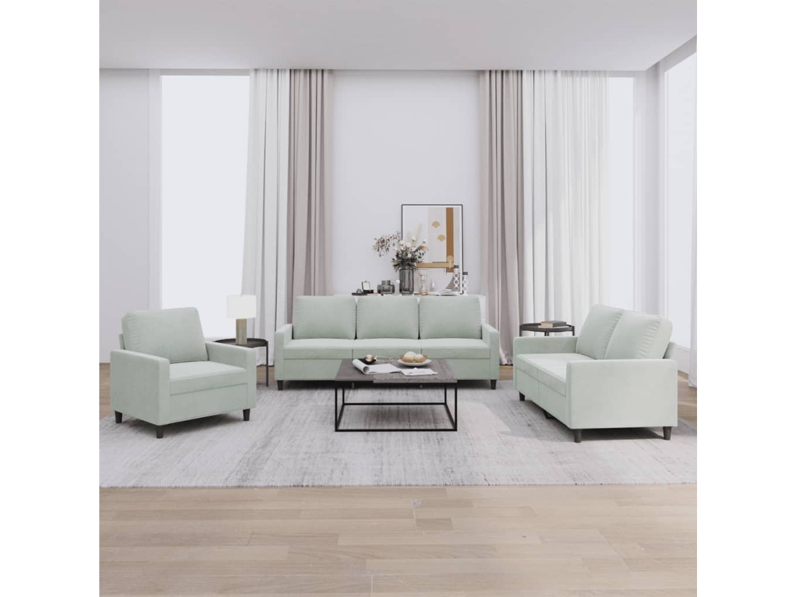 Vidaxl 3 Pcs Conjunto De Sofás Com Almofadões Veludo Cinzento-claro