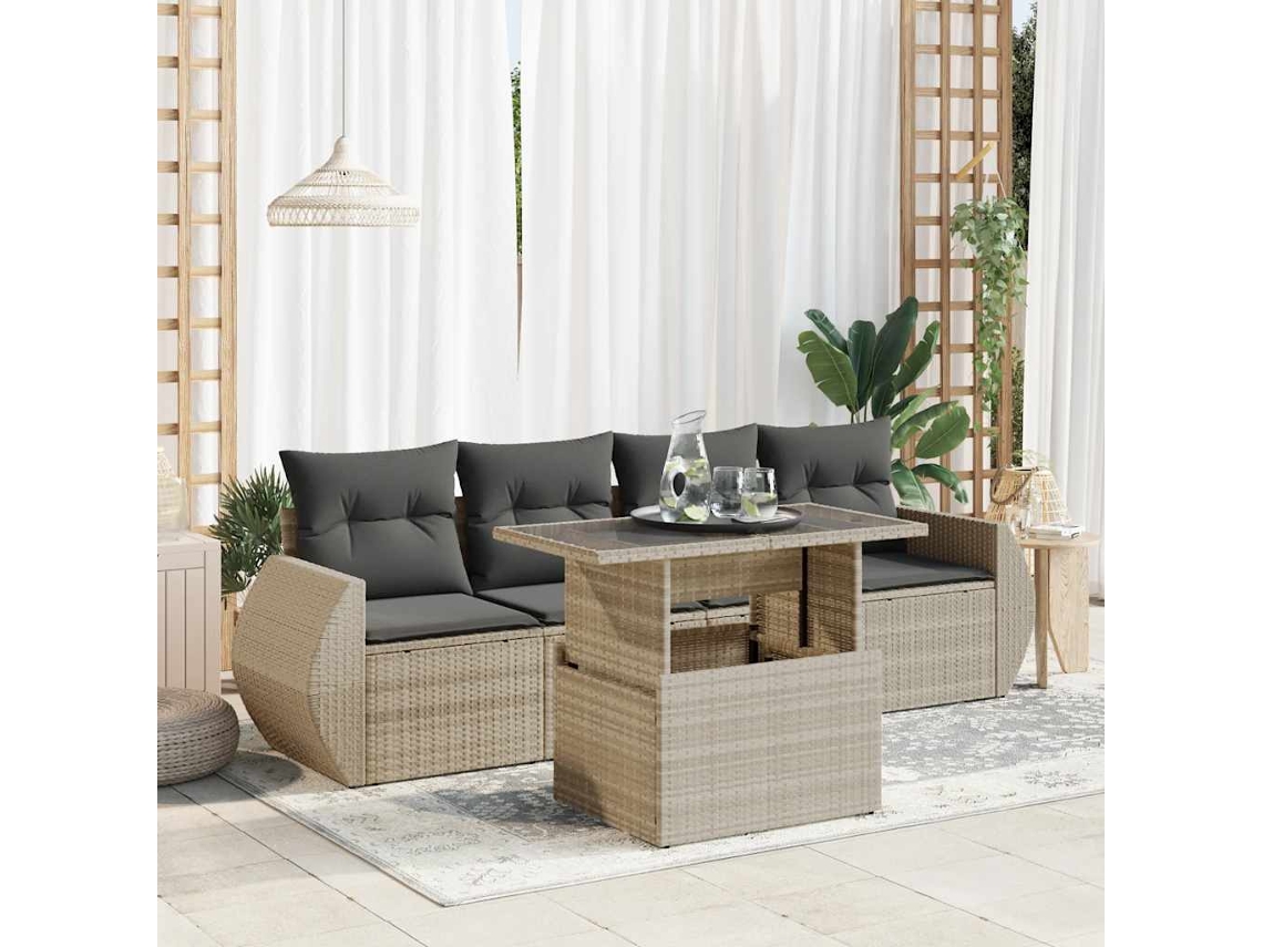 Vidaxl 5 Pcs Conj. Sofás Jardim C/ Almofadões Vime Pe Cinzento-claro