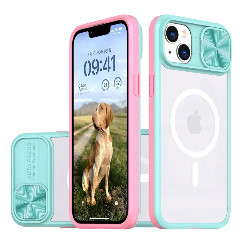 (iphone 13, Azul Celeste) Capa Protetora Com Carregamento Sem Fio Magnético Magsafe E Tampa Deslizante Para Lente Em Acrílico.