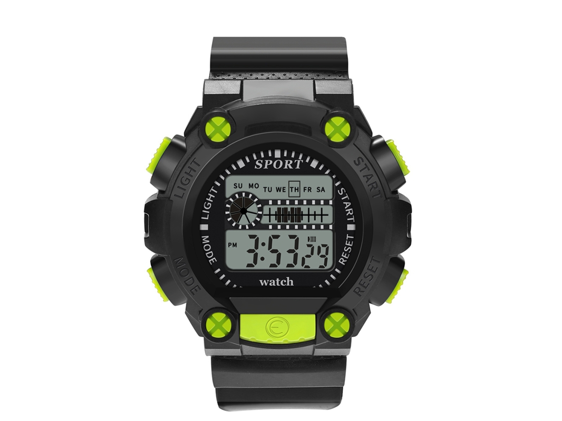 Relógio esportivo casual eletrônico masculino com pulseira de PVC verde fluorescente.