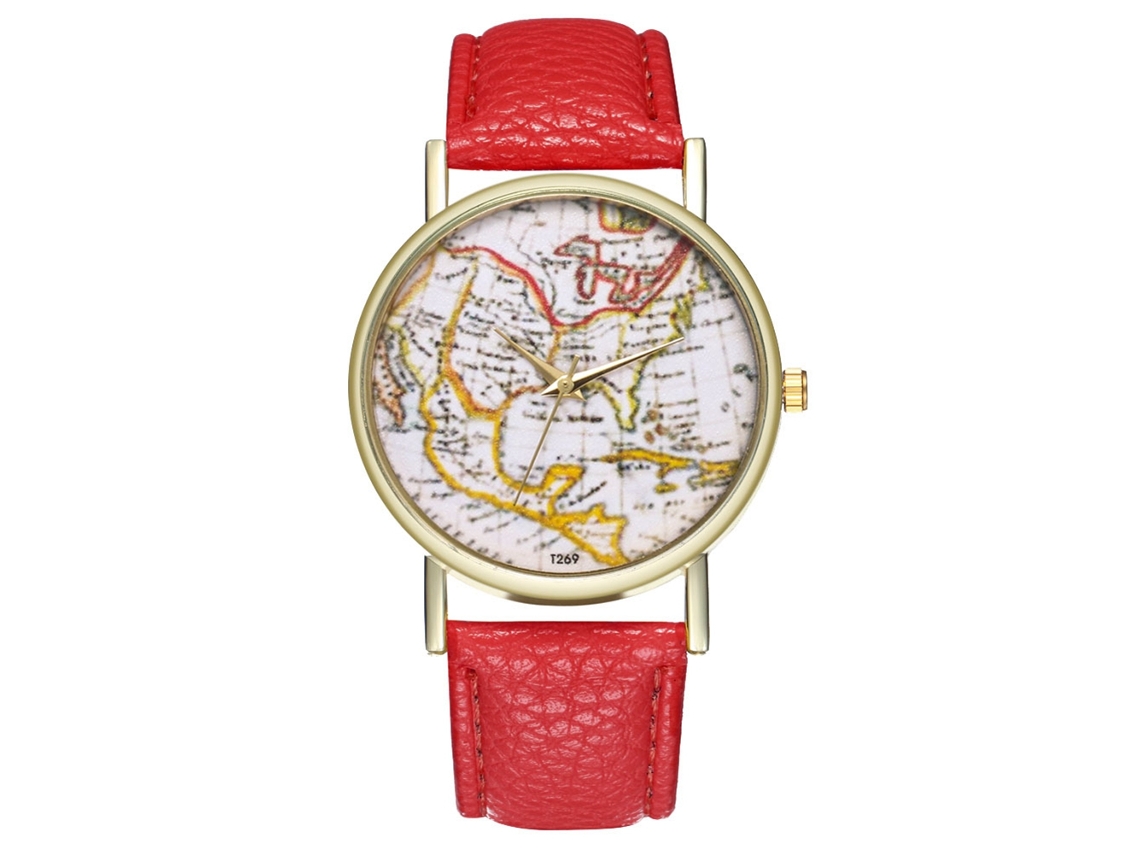 Relógio de Pulso Antigo Mapa Moda Quartzo Lazer com Cinto de Couro Vermelho